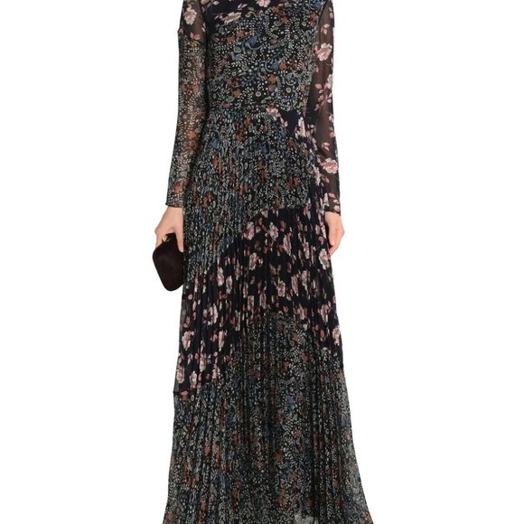 Mikael Aghal Pleated Floral-Print Crinkled Georgette Gown Midnight Blue Size 10 - Picture 2 of 7